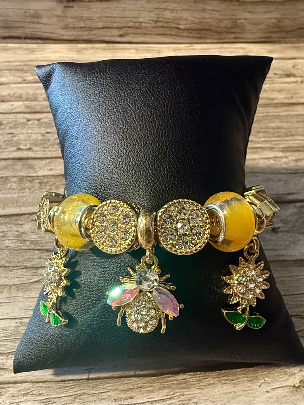 Gold-Tone Yellow Bead Charm Bracelet with Crystal Flower and Owl Charms